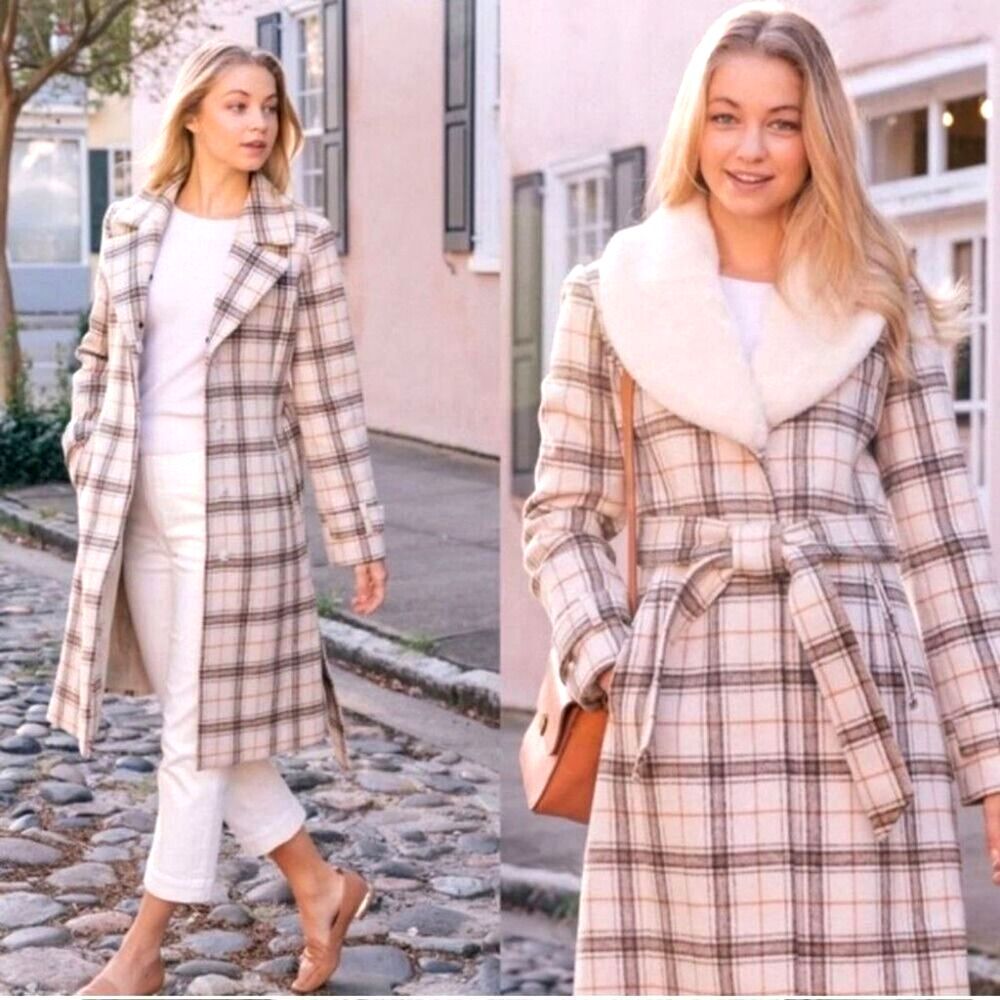 Gal Meets Glam Bronwyn Faux Fur Collar Belted Coat Long - Women's L Cream /Brown